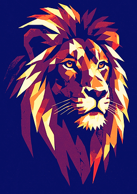 Geometric Lion Portrait Art on Dark Blue