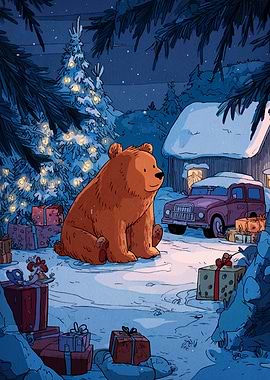 Christmas Bear in Snowy Landscape