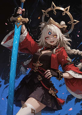 Anime Girl with Sword and Dark Beast