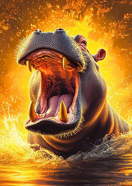 Hippo with Open Mouth in Water