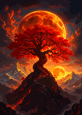 Red Tree Under Fiery Moon