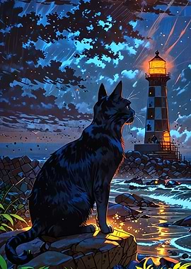 Cat Lighthouse Night