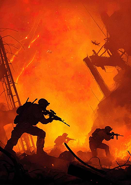 Military Action in Fiery Landscape