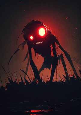 Red-Eyed Monster in Dark Landscape