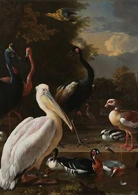 Exotic Birds in a Landscape Painting