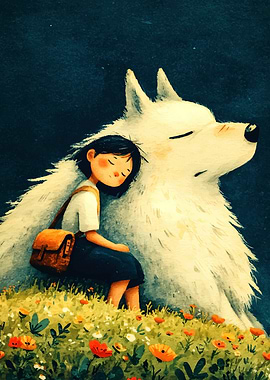 Girl and White Wolf Sleeping Together