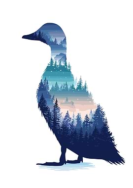 Duck Silhouette with Forest Landscape