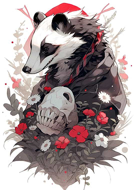 Badger Skull and Flowers