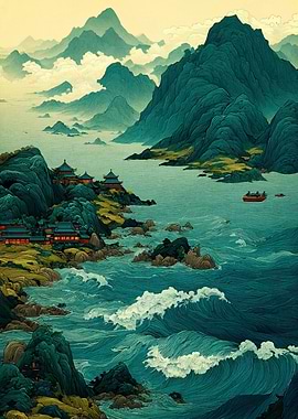 Asian Landscape with Mountains and Sea
