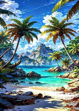Tropical Beach Paradise with Palm Trees