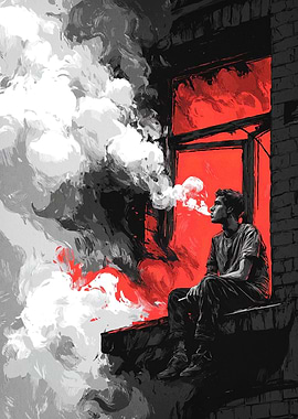 Man Smoking by Red Window