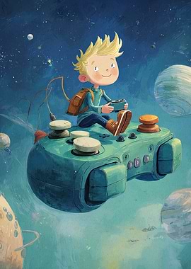 Boy Flying on Game Controller in Space