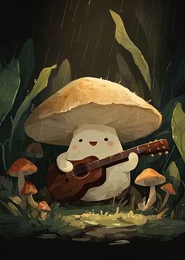 Mushroom playing guitar in the rain