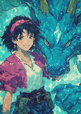 Anime Girl with Blue Dragon Companion