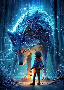 Boy and Giant Wolf in Forest