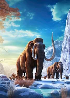 Mammoths in a snowy landscape