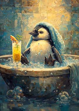 Penguin in Tub with Cocktail Painting