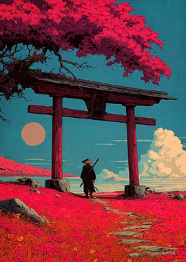 Samurai at Torii Gate with Cherry Blossoms