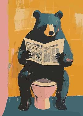 Bear Reading Newspaper on Toilet