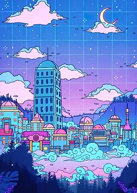 Pastel Cityscape Moon Clouds