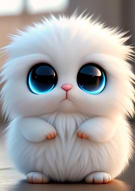 Cute Fluffy White Creature with Big Eyes