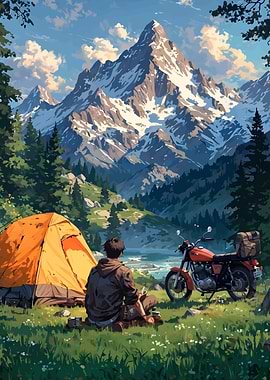 Camping with Motorcycle in Mountain Landscape