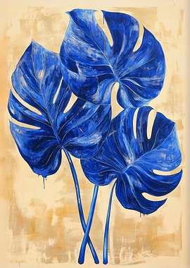 Blue Monstera Leaves Painting | apphire Blue Monstera Poster
