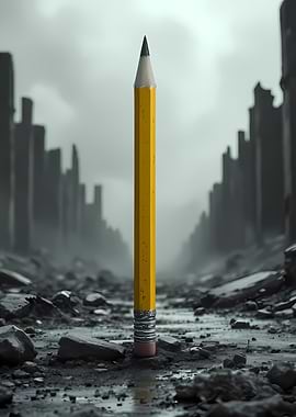 Pencil in a ruined cityscape