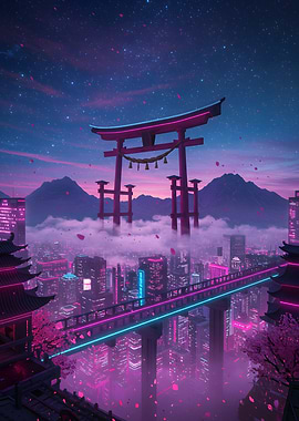 Cyberpunk Japanese Cityscape with Torii Gates