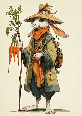 Anthropomorphic Rabbit Traveler with Carrots
