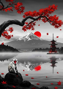 Japanese Landscape with Monkey and Pagoda