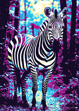 Colorful Zebra Portrait Art in Forest