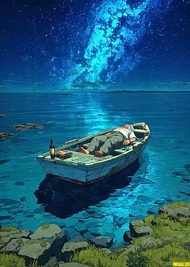 Man Relaxing in Boat Under Starry Sky