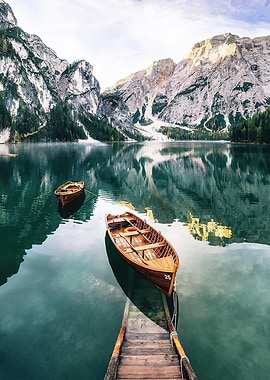Lake Braies Boats and Mountain Reflection