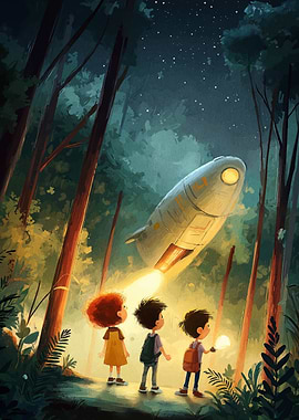 Children Watching Rocket Launch in Forest