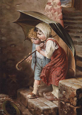 Children Under Umbrella Painting