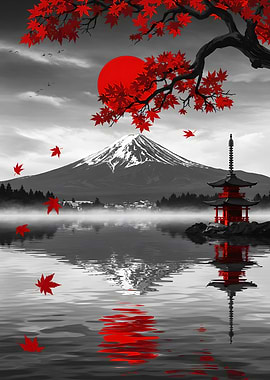 Mount Fuji Red Leaves Reflection