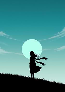 Minimalist Anime Girl Poster – Black Silhouette with Flowing Hair Under Teal Dawn Sky