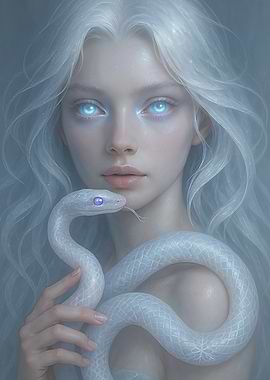 Ethereal Ice Spirit Woman with Glowing Blue Eyes and Crystalline Snake