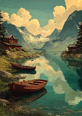 Mountain Lake with Boats and Cabins