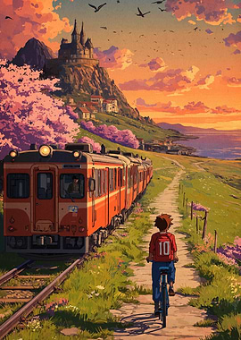 Anime Landscape with Train and Cyclist