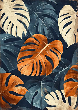 Monstera Leaf Pattern in Orange and Blue | Earthy Toned Monstera Poster