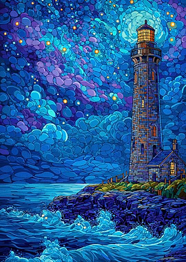 Lighthouse at Night with Starry Sky