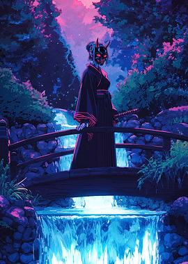 Demon Masked Woman on Bridge