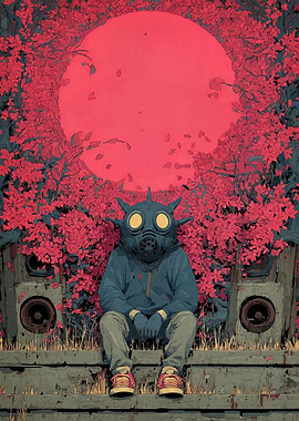 Gas Mask Figure in Red Foliage