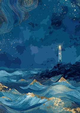 Lighthouse at Night with Golden Waves