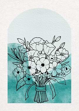 Floral Bouquet with Teal Watercolor Arch