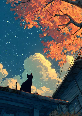 Black Cat on Rooftop Under Autumn Sky