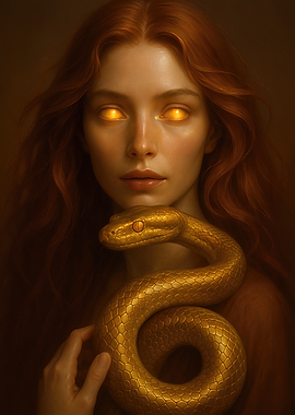 Ancient Oracle Woman with Molten Gold Eyes and Golden Python