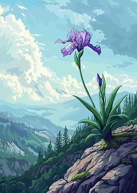 Purple Iris Flower Mountain Landscape Art